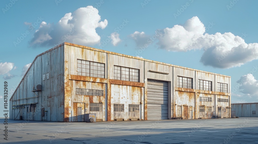 Obraz premium Rusty Industrial Hangar under a Cloudy Sky
