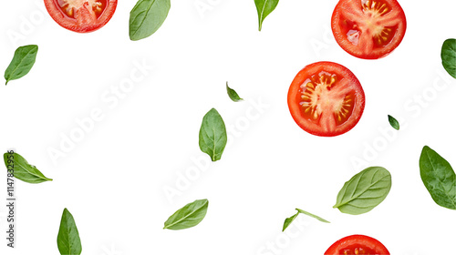 Falling Tomatoes, Basil Leaves, Red, Green, Fresh, Food, Ingredients, Culinary, Pizza, Recipe photo