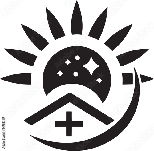 Abstract sun, moon, house, and cross symbol.