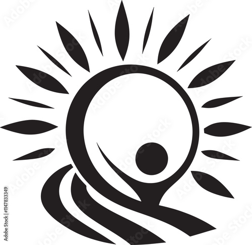 Abstract sun, person, wave design.
