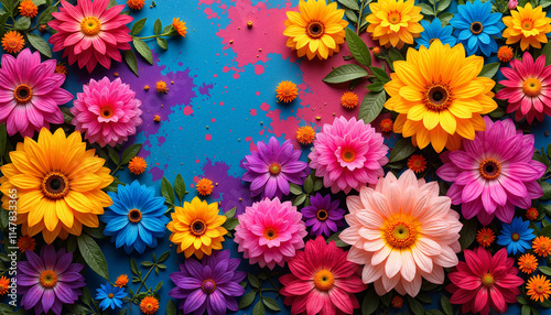 Vibrant floral arrangement with colorful flowers and splashes of paint on a blue background