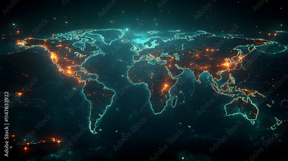 Flat vector of a world map with glowing regions highlighting global Earth Hour participation Flat vector of a world map with glowing regions highlighting global Earth Hour participation