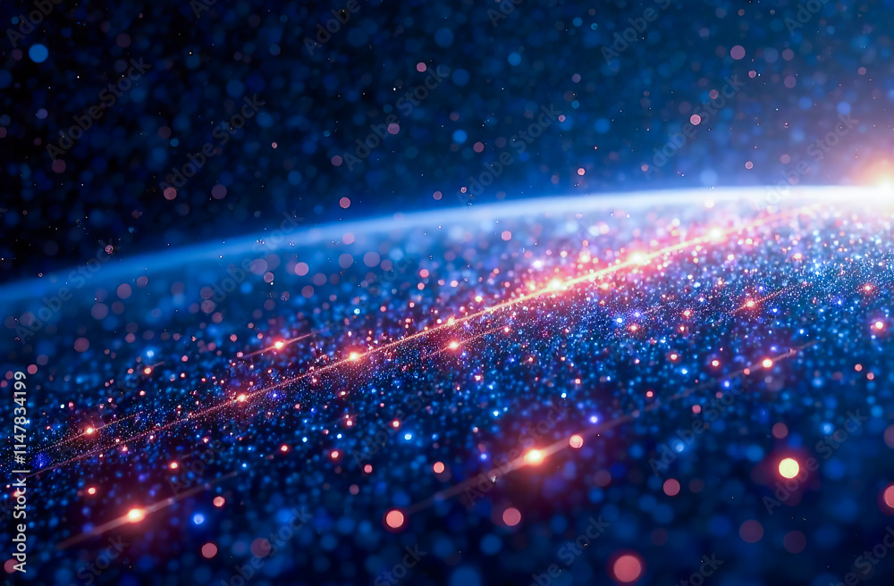 Neutrino microparticles pass through space towards Earth, against a backdrop of space with multicolored streaks, swirls, and dots, as well as stars. Earth in space. Neutrino microparticles pass through space towards Earth, against a backdrop of space with multicolored streaks, swirls, and dots, as well as stars. Earth in space.