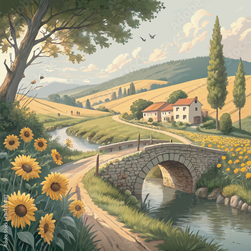 a picturesque painting of a countryside landscape with a winding road, a stone bridge, and a stream