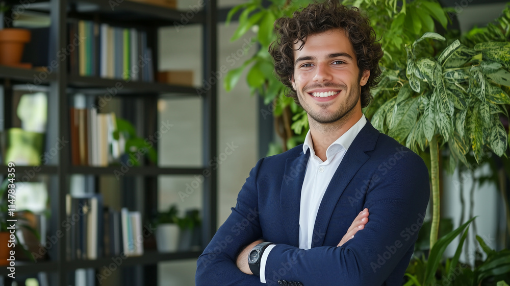 Confident Young Man in Business Suit Smiling in Modern Office with Green Plants Confident Young Man in Business Suit Smiling in Modern Office with Green Plants