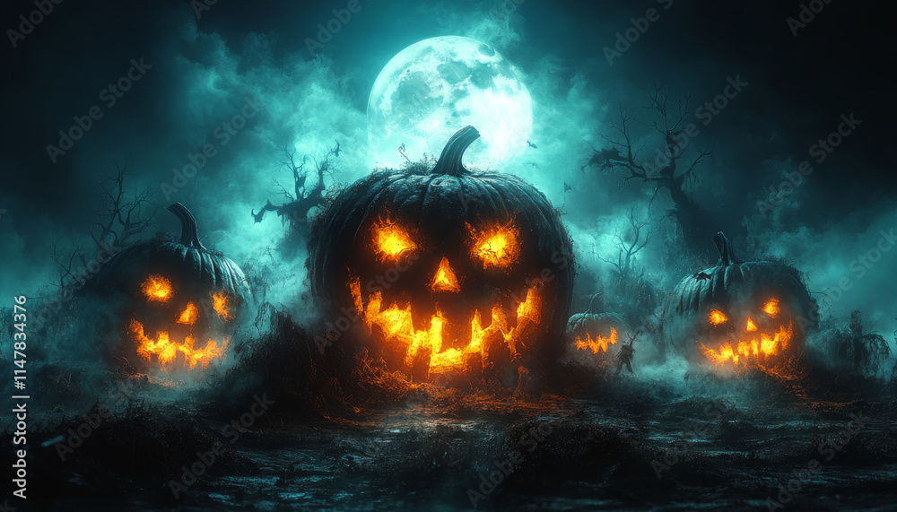 Naklejka premium Three pumpkins with glowing eyes are in a dark, misty forest. The moon is shining brightly in the sky