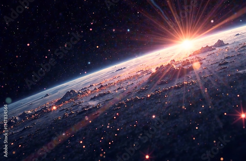 Neutrino microparticles pass through space towards Earth, against a backdrop of space with multicolored streaks, swirls, and dots, as well as stars. Earth in space.