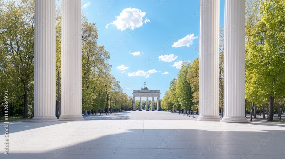 View through columns of Brandenburg Gate and park. View through columns of Brandenburg Gate and park.