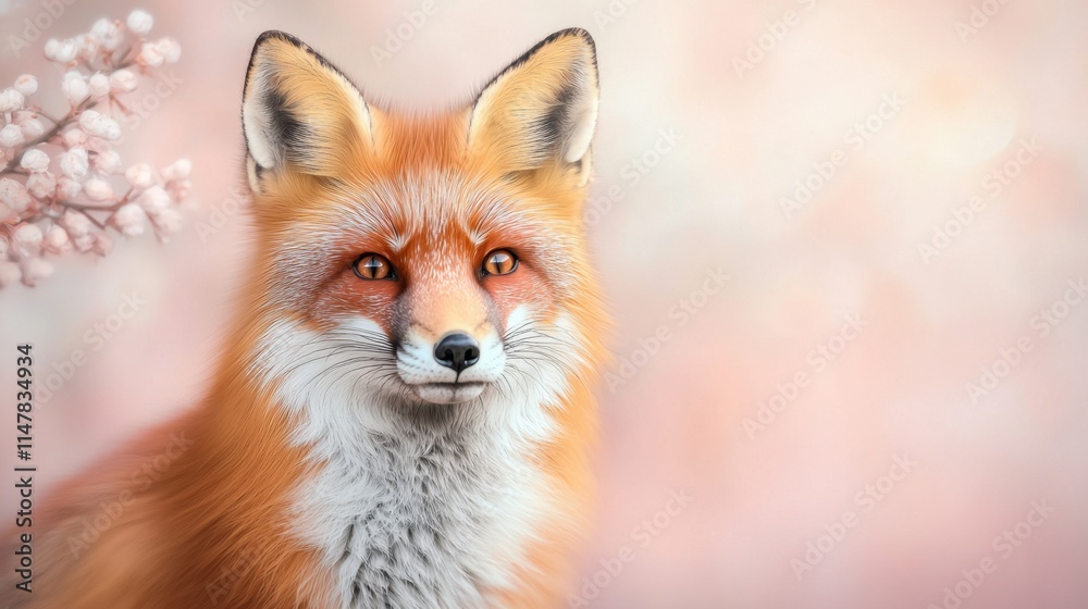 Fototapeta premium A captivating portrait of a fox with vibrant orange fur, piercing eyes, and a curious expression, set against a soft, blush pink background, creating a striking contrast and a whimsical atmosphere.