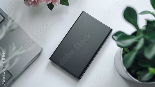 A portable external SSD with a slim profile, set on a white table.