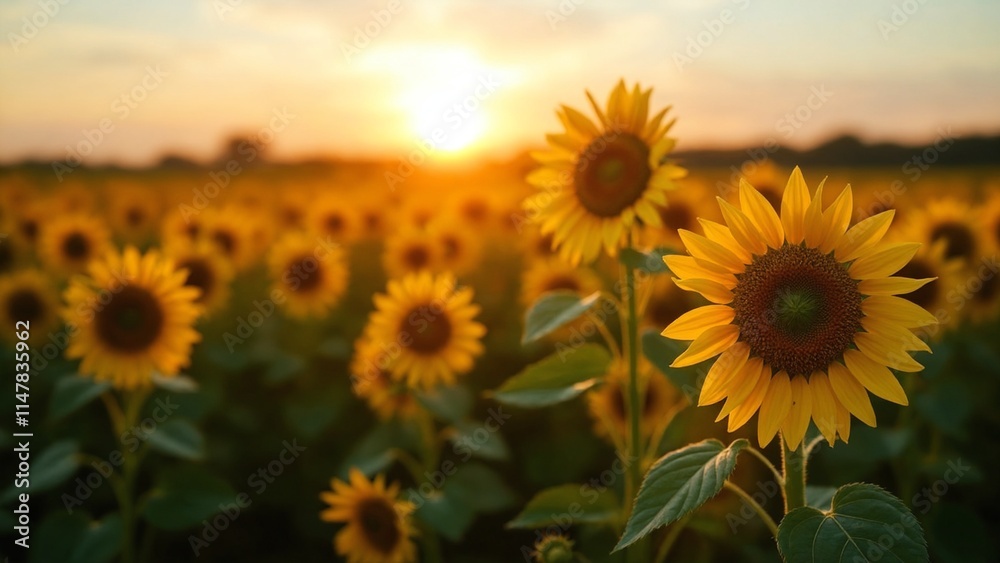 Fototapeta premium A vast field of sunflowers, their vibrant yellow petals glowing in the warm embrace of the golden hour