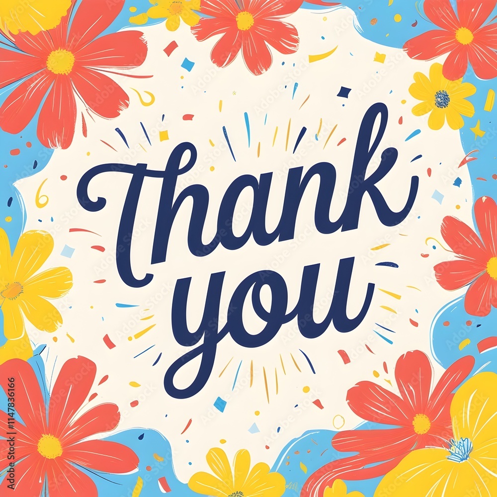 Obraz premium Whimsical Thank You Art with Playful Colors, Confetti, and Cursive Script