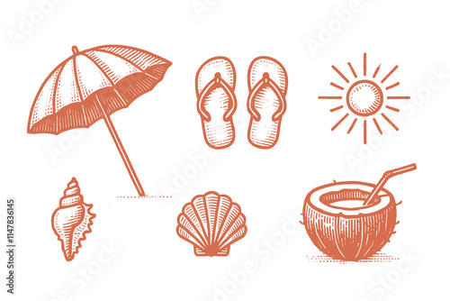 Vintage beach icon set with umbrella, shell, coconut, drink, sun, flip-flops