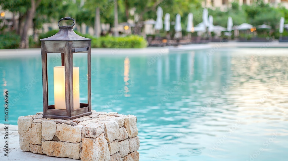A rustic metal lantern positioned artfully on a textured stone base, its warm light creating a cozy, inviting atmosphere. The composition focuses on the interplay between light and material, making A rustic metal lantern positioned artfully on a textured stone base, its warm light creating a cozy, inviting atmosphere. The composition focuses on the interplay between light and material, making