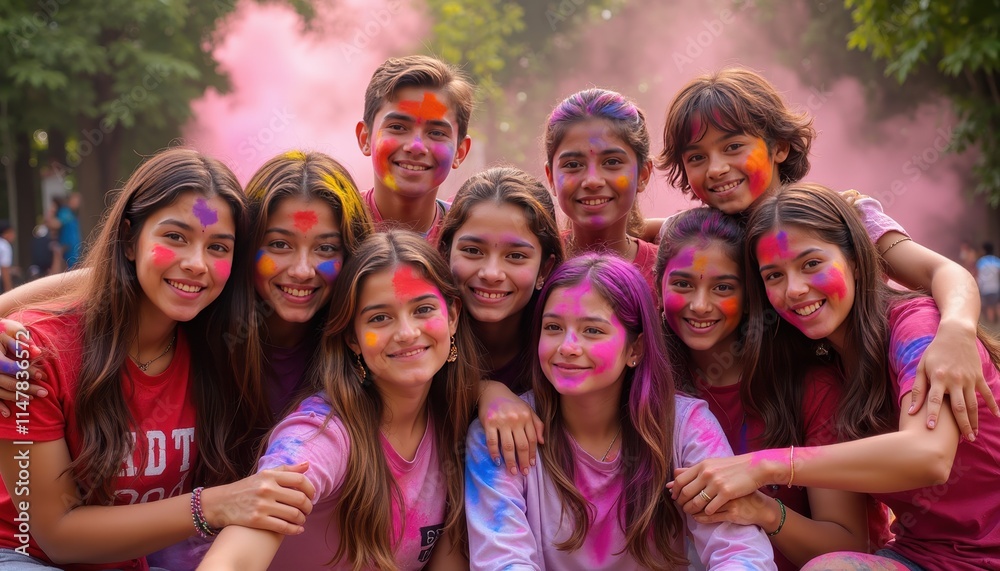 A group of people celebrating Holi outdoors, their faces covered in colorful powders, with pink smoke in the background, creating a festive and joyous atmosphere A group of people celebrating Holi outdoors, their faces covered in colorful powders, with pink smoke in the background, creating a festive and joyous atmosphere
