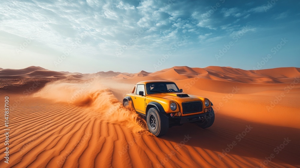 Yellow dune buggy speeds across desert. Yellow dune buggy speeds across desert.