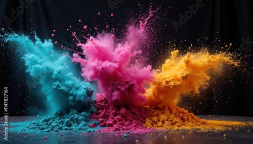 Colorful powders in blue, pink, and yellow explode against a dark background, capturing the vibrant essence of Holi celebration. The dynamic burst of colors symbolizes joy, energy, and the festive spi photo