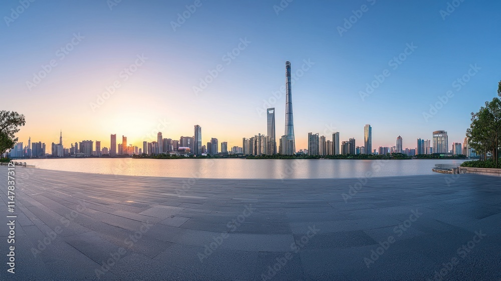 Shanghai Skyline at Dawn: Urban Panorama with Tranquil Lake