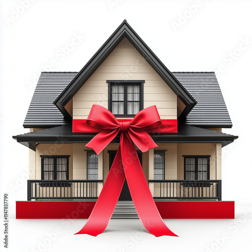 New modern house wrapped with red ribbon, cut out on white
