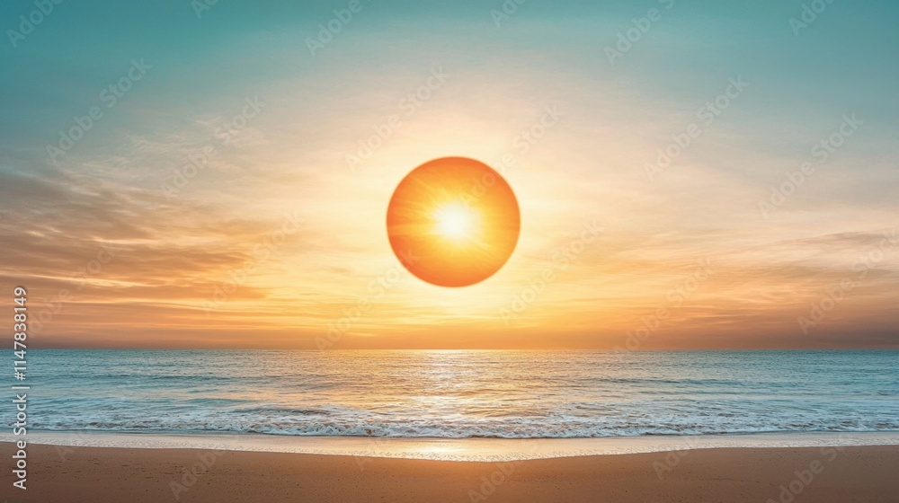 The last rays of sunlight are barely visible on the horizon as the moon completely covers the sun, casting a shadow of darkness over the beach The last rays of sunlight are barely visible on the horizon as the moon completely covers the sun, casting a shadow of darkness over the beach