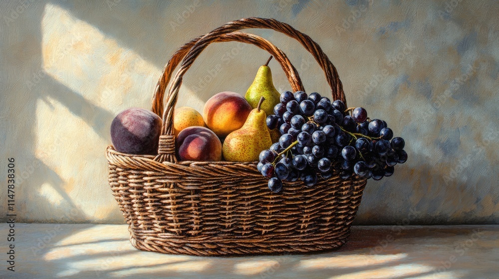 Fresh Fruit Basket with Grapes, Pears, and Peaches in Sunlight Fresh Fruit Basket with Grapes, Pears, and Peaches in Sunlight