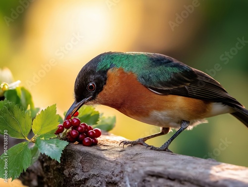 A vibrant bird with emerald and orange plumage feeding on red berries on a branch, surrounded by green foliage and illuminated by golden sunlight in a tranquil setting photo