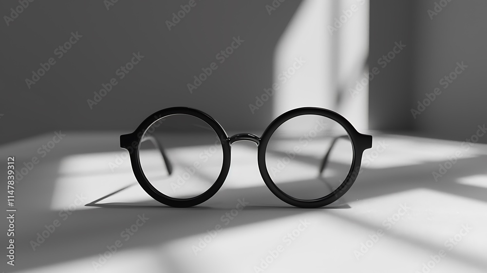 A set of black-framed eyeglasses resting on a smooth white table, with the lenses catching a soft glint of light. A set of black-framed eyeglasses resting on a smooth white table, with the lenses catching a soft glint of light.