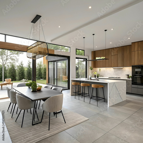 beautiful shot of a modern house kitchen and dinin photo