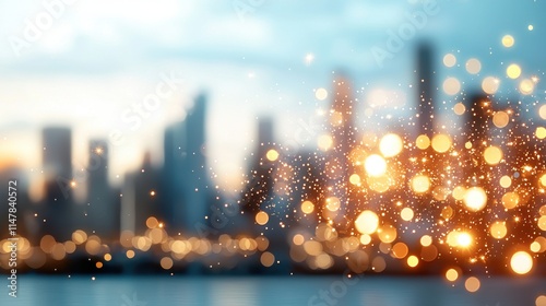 The blurred cityscape background features a mesmerizing array of twinkling lights, creating a dynamic and vibrant backdrop that is ideal for urban themed presentations. photo