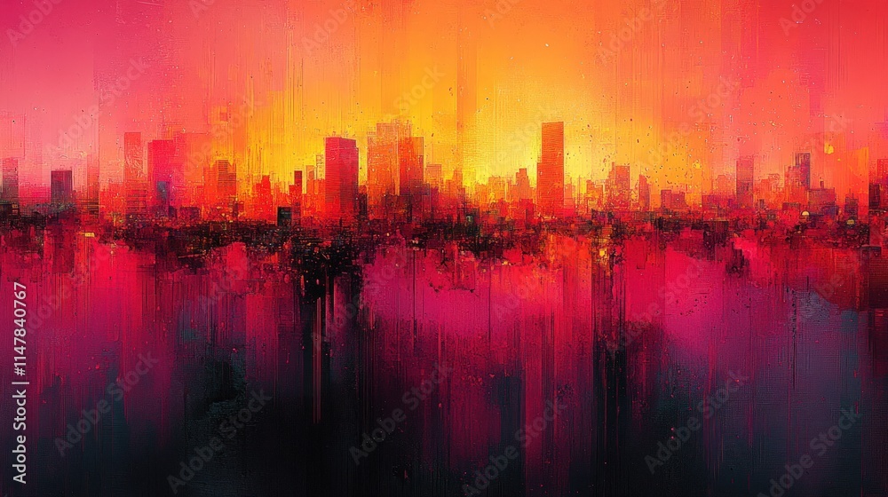 Fototapeta premium Abstract city skyline, red, orange, sunset.