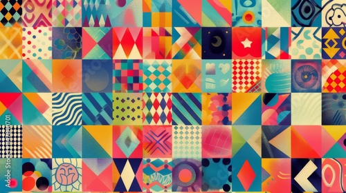 A colorful collage of shapes and patterns. The image is a vibrant and lively representation of a diverse and eclectic mix of colors and shapes photo