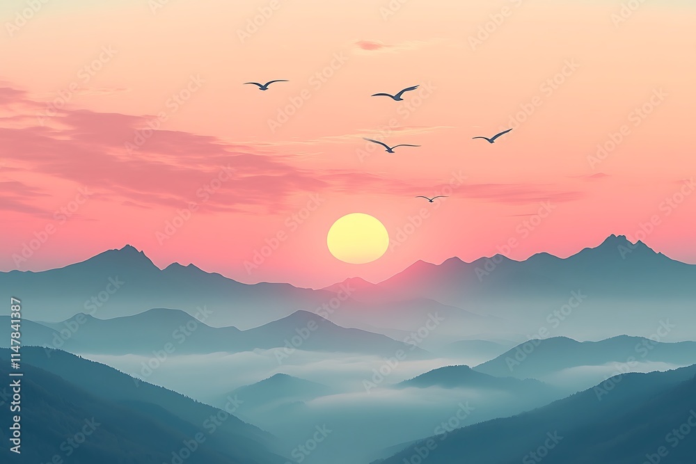 Serene Mountain Sunrise with Misty Layers Serene Mountain Sunrise with Misty Layers