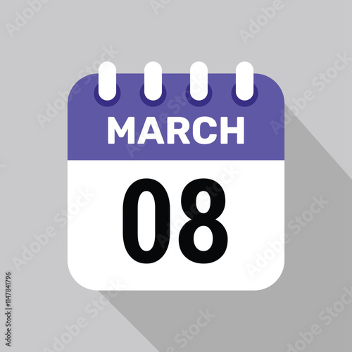 8 march calendar icon vector with date background. Vector schedule symbol.