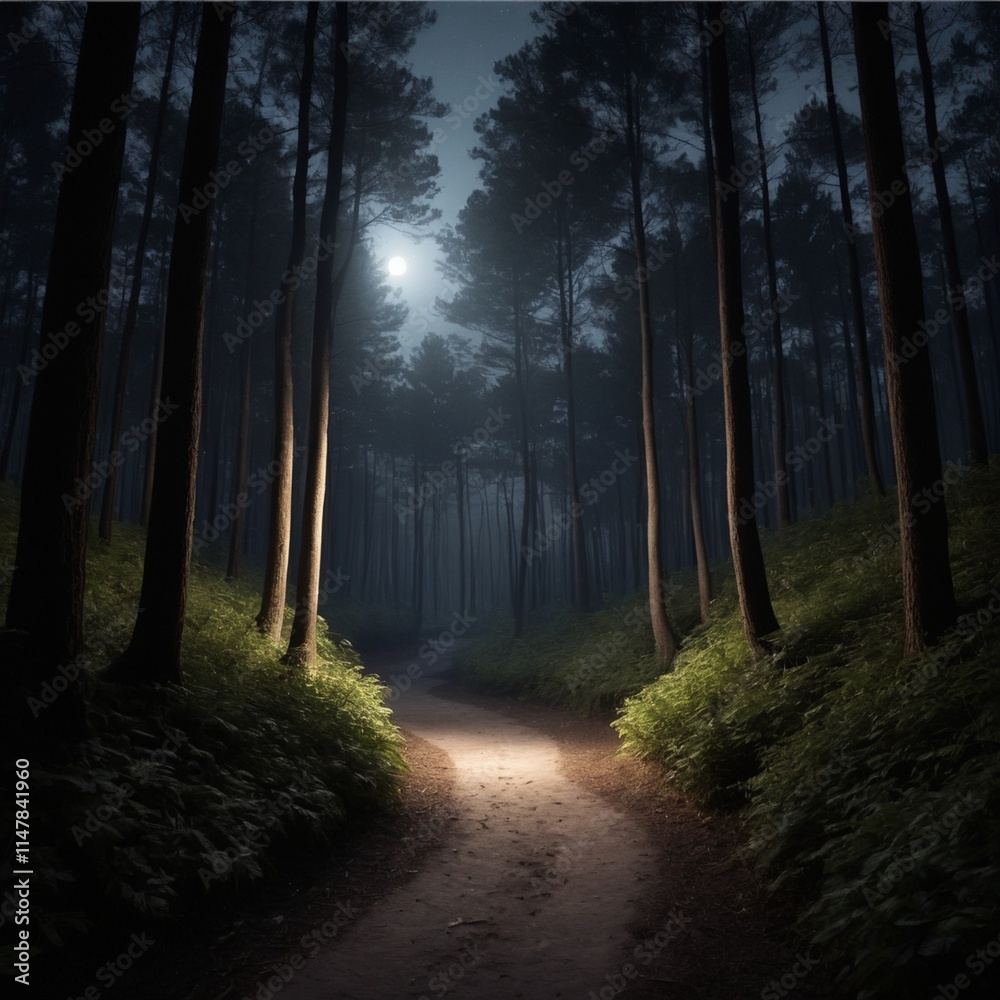 Fototapeta premium A winding forest path lit by soft moonlight filtering through tall trees, creating a serene and mysterious atmosphere.