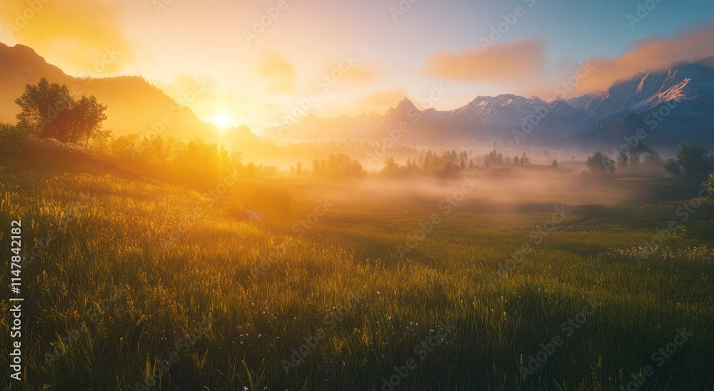 Golden Sunrise Over Misty Mountain Meadow Golden Sunrise Over Misty Mountain Meadow