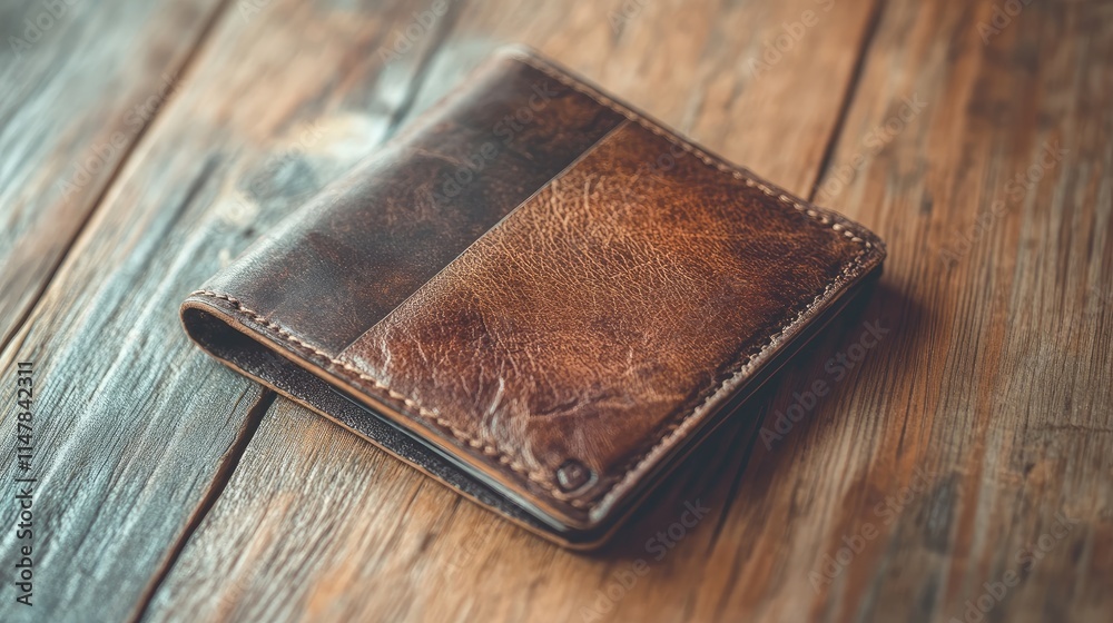 Classic Leather Wallet on Rustic Wooden Surface for Lifestyle Shots Classic Leather Wallet on Rustic Wooden Surface for Lifestyle Shots