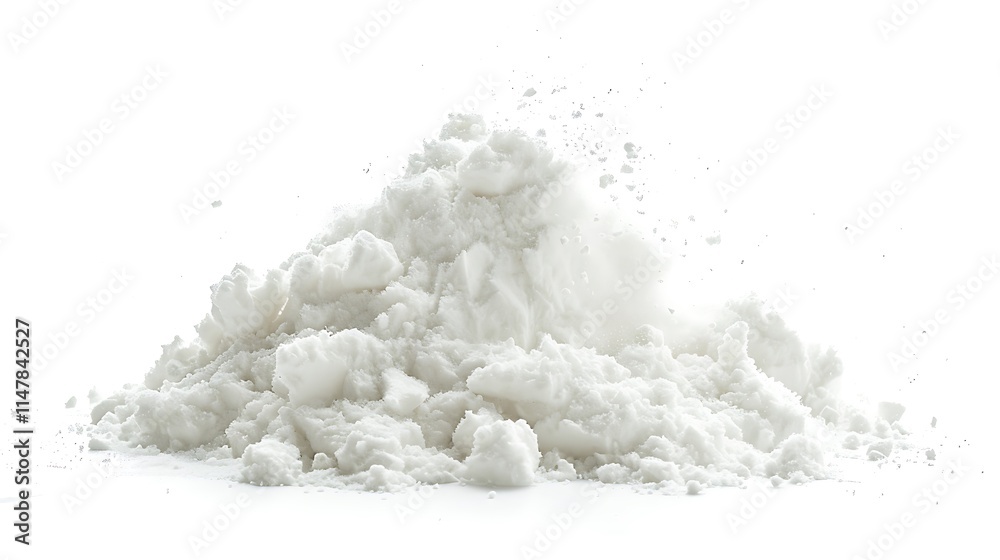 a thick, white powder explosion with visible granules dispersing in all directions, isolated on a white background. a thick, white powder explosion with visible granules dispersing in all directions, isolated on a white background.