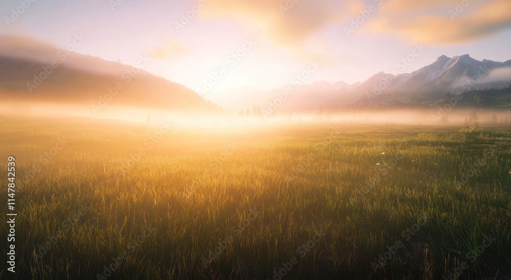 Golden Sunrise Over Foggy Mountain Meadow