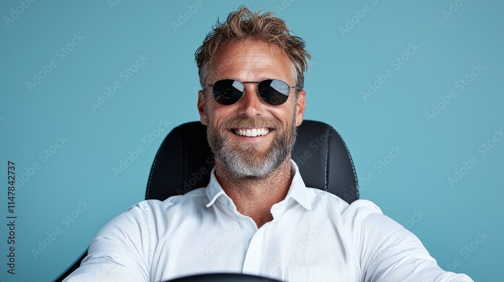 Obraz premium Happy man in sunglasses driving a car.