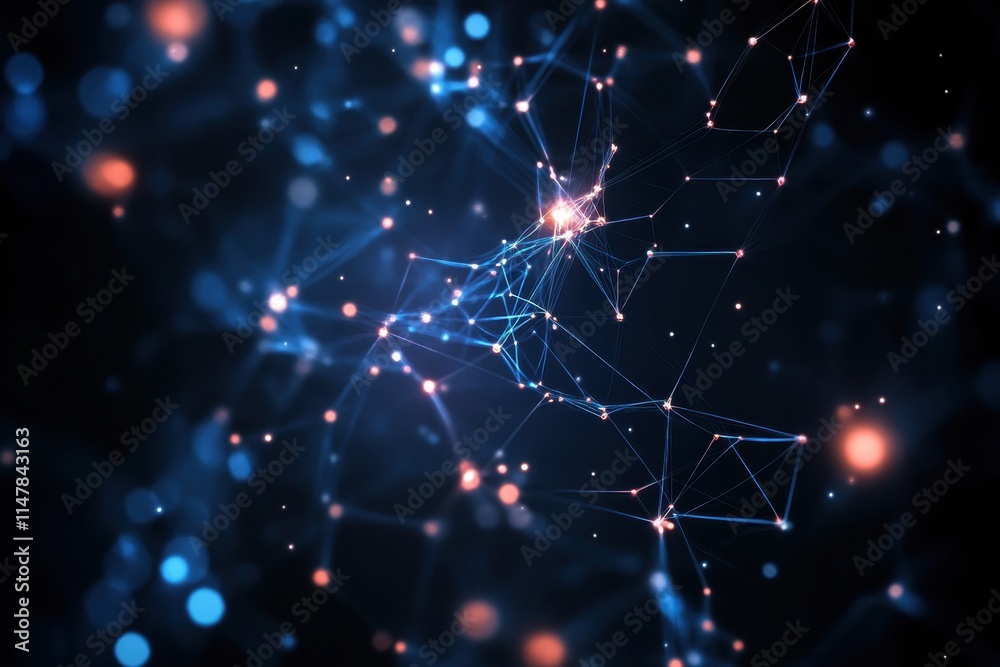 Abstract network design showcasing connections in a dark digital space with bright nodes Abstract network design showcasing connections in a dark digital space with bright nodes