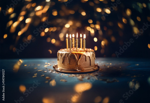 A single-tiered birthday cake with golden candles, drizzled with chocolate,  set against a bokeh background of warm gold lights. photo