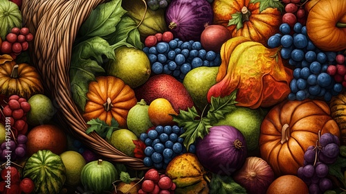 Detailed rendering of a Thanksgiving cornucopia filled with fruits and vegetables in vibrant colors.