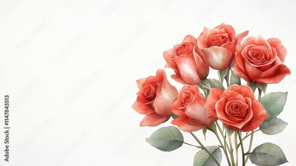 A stunning watercolor illustration of a bouquet of red roses, showcasing each delicate petal and vibrant hue A stunning watercolor illustration of a bouquet of red roses, showcasing each delicate petal and vibrant hue