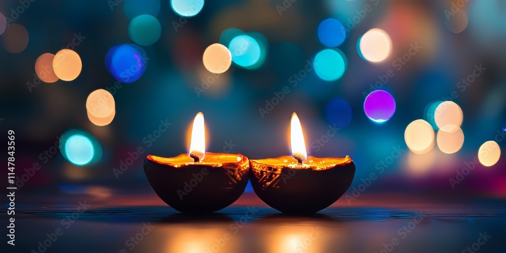 Diwali diyas in silhouette against colorful lights Diwali diyas in silhouette against colorful lights