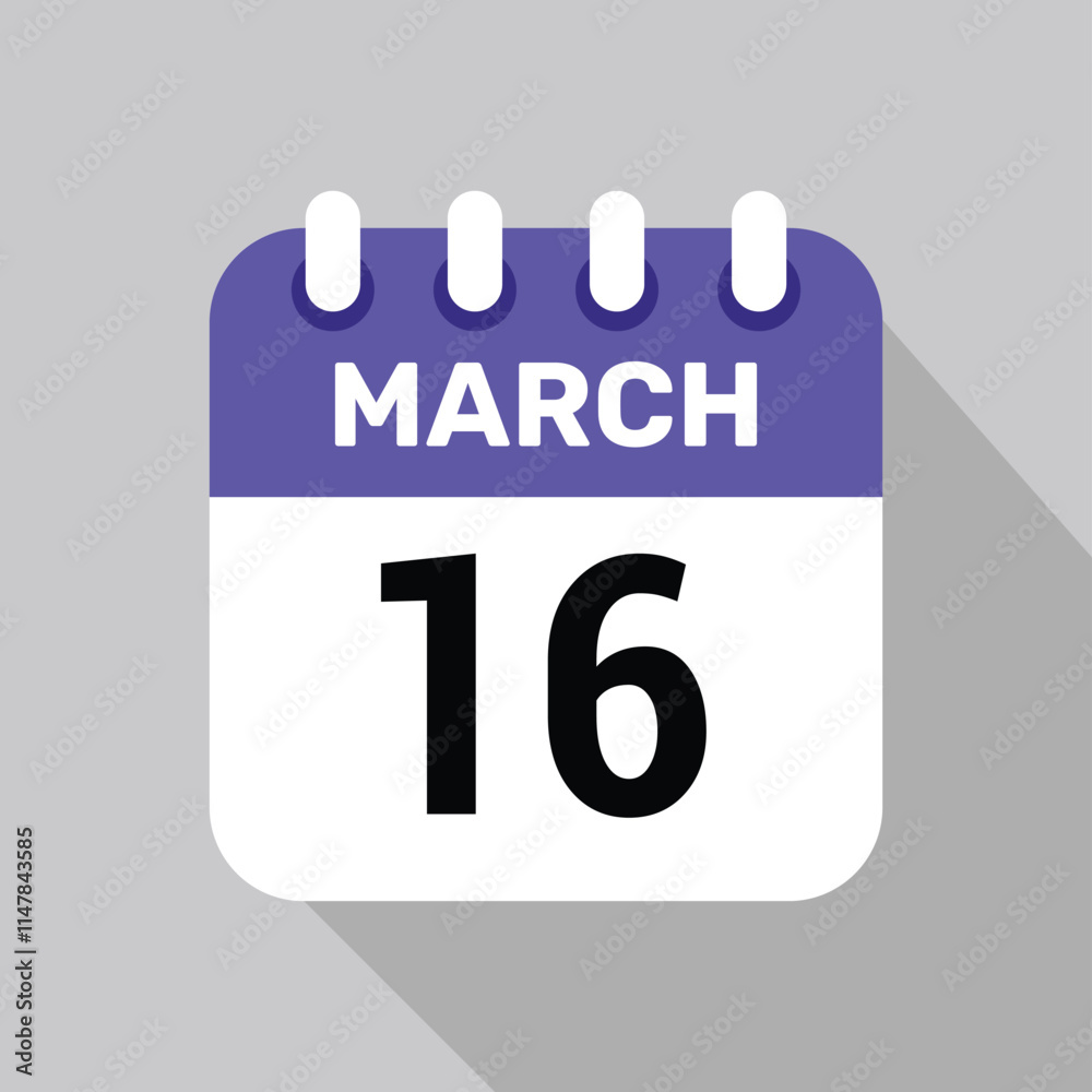 16 march calendar icon vector with date background. Vector schedule symbol. 16 march calendar icon vector with date background. Vector schedule symbol.