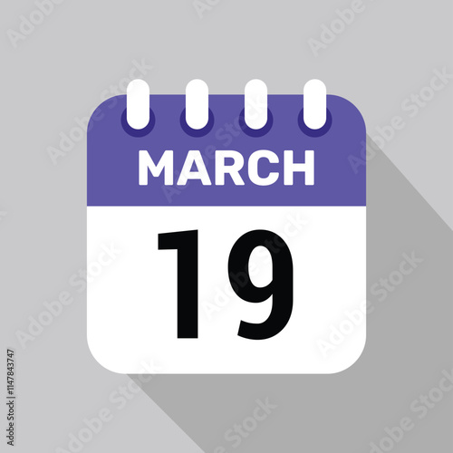 19 march calendar icon vector with date background. Vector schedule symbol.