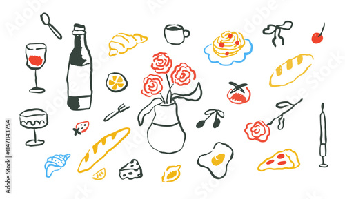 Hand drawn rough simple Italian cuisine food in doodle ink style. Set of abstract color food for menu. Wine glass, croissant on isolated background