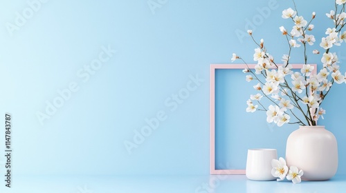 Pastel blue background with blooming branches in a vase, a pink frame and a small white cup. photo