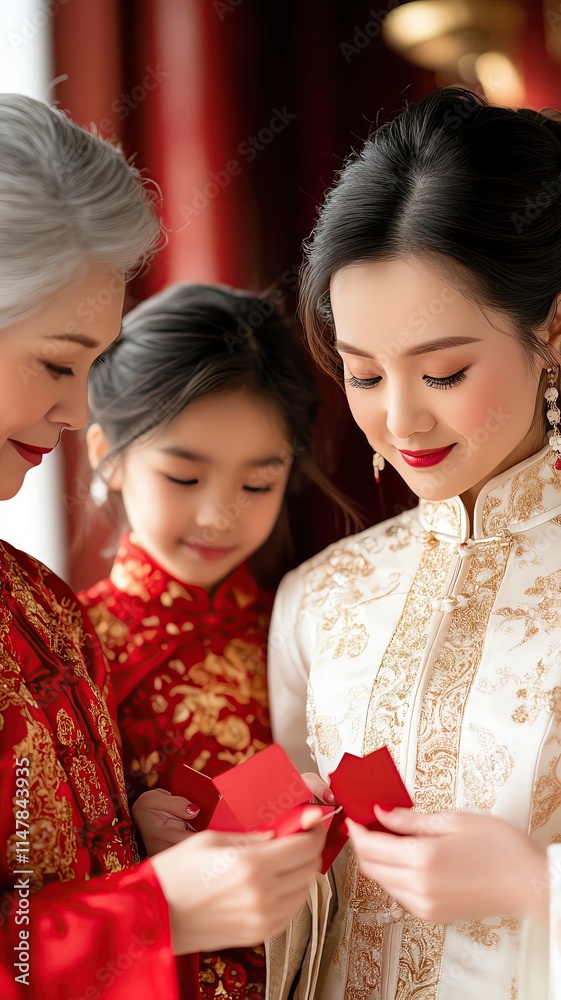 Family Reunions and Prosperity Rituals are illustrated as multigenerational families exchanging red envelopes and blessings under a beautifully decorated room filled with red.