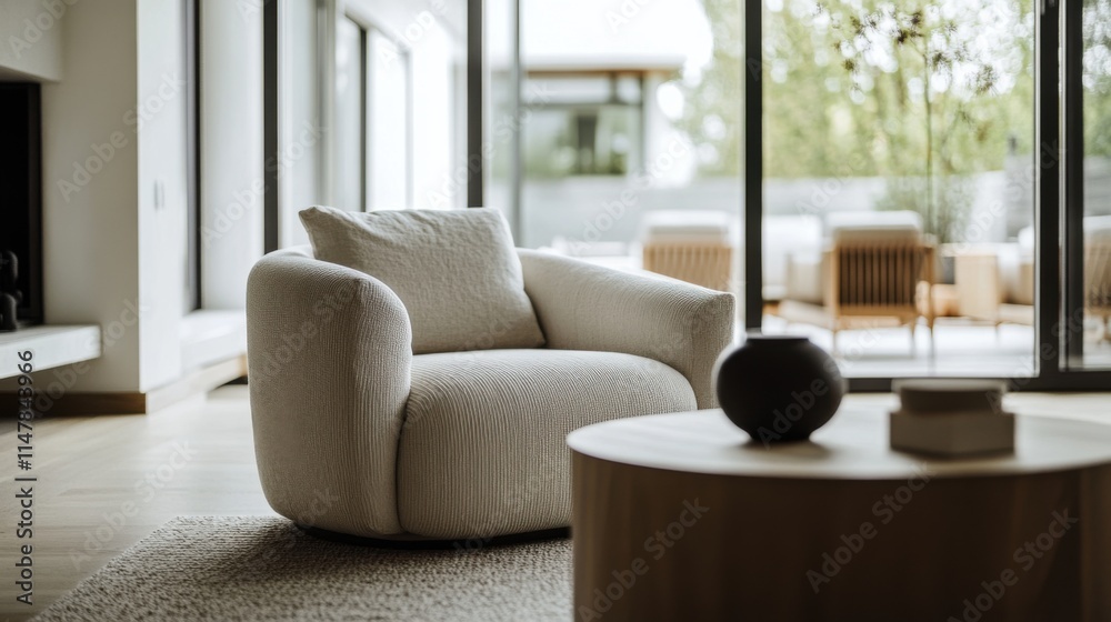 Fototapeta premium Minimalist modern lounge with clean, refined design. Featuring sleek lines and neutral colors